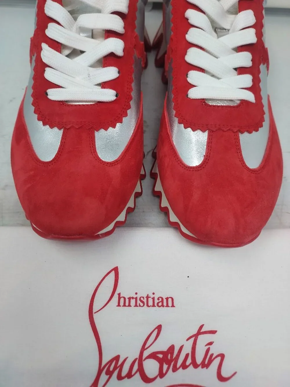 CHRISTIAN LOUBOUTIN MENS  Loubishark Red Silver Low Top Sneaker